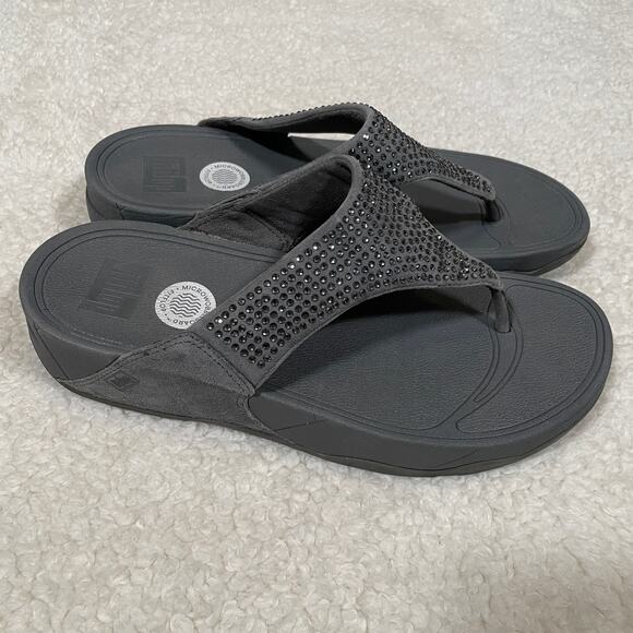 FitFlop Rokkit Thong Sandals Rhinestones Suede Gray Platform 9 - Picture 5 of 6